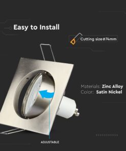 Ρυθμιζόμενο φωτιστικό οροφής ζινκ αλουμινίου, σατινέ νίκελ, εύκολη εγκατάσταση, διάμετρος κοπής 74mm.