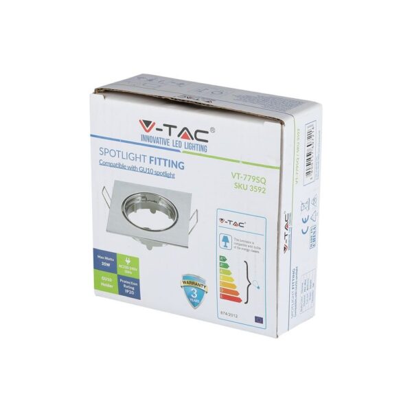 Υποδοχή σποτ GU10 V-TAC VT-779SQ, ασημένιο, μέγ. ισχύς 35W, προστασία IP20, εγγύηση 3 έτη.