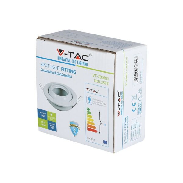 Συσκευασία φωτιστικού σποτ V-TAC VT-780RD, συμβατό με GU10, ισχύς 35W, προστασία IP20.