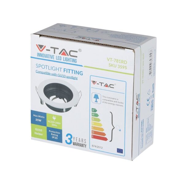 Σποτ φωτιστικό V-TAC VT-781RD, GU10, 35W, IP20, λευκό, 3 έτη εγγύηση, ενεργειακή κλάση A+.