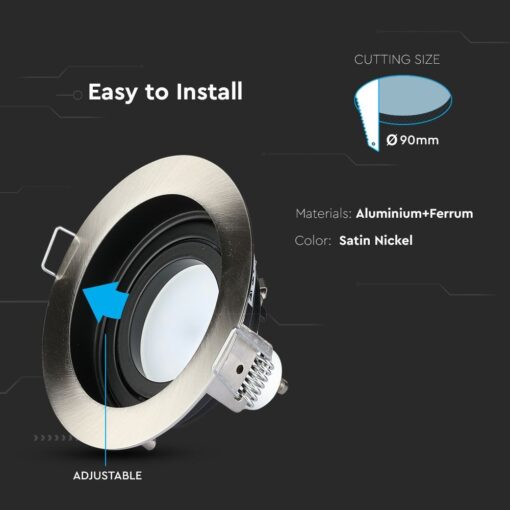 Ρυθμιζόμενο χωνευτό φωτιστικό οροφής satin nickel, υλικά αλουμίνιο και σίδηρο, διάμετρος κοπής 90mm.