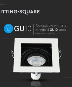 Τετράγωνο φωτιστικό χωνευτό GU10, συμβατό με τυπικές λάμπες GU10. Λάμπες δεν περιλαμβάνονται.