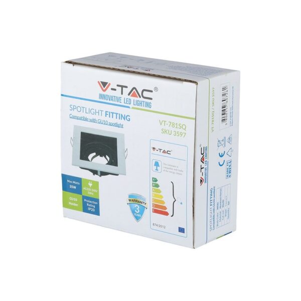 Συσκευασία σποτ φωτιστικού V-TAC VT-781SQ, 35W, GU10, IP20, 220-240V, ενεργειακή κλάση A.