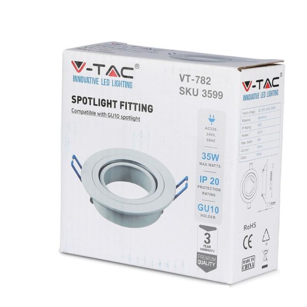 Εξάρτημα σποτ LED VT-782 V-TAC, GU10, 35W, IP20, αλουμινίου, λευκό, για ασφαλή φωτισμό.