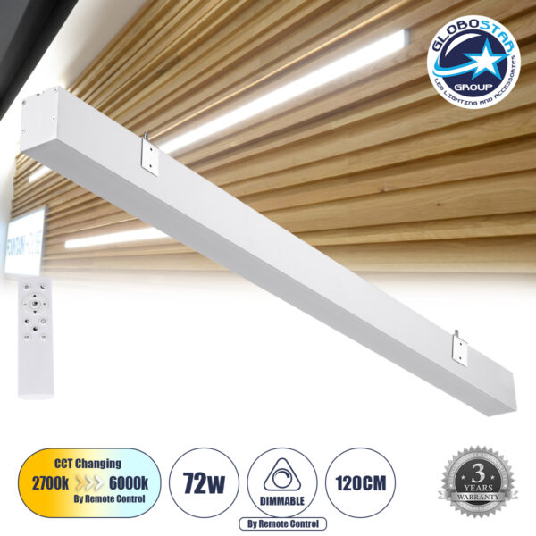 GloboStar® ORION 61031-W Γραμμικό Φωτιστικό Τοίχου - Απλίκα Linear LED CCT 72W 8600lm 120° AC 220-240V Μ120 x Π5.5 x Υ7cm - Εναλλαγή Φωτισμού μέσω Τηλεχειριστηρίου All In One Ψυχρό 6000k+Φυσικό 4500k+Θερμό 2700k Dimmable - Λευκό - 3 Years Warranty