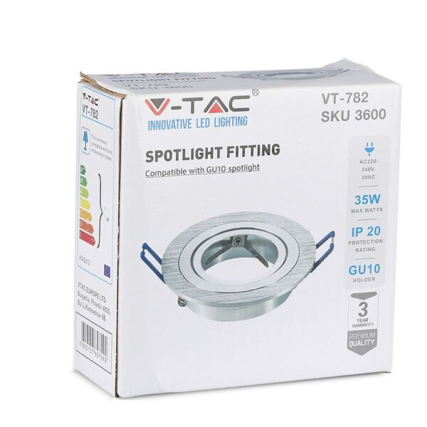 LED σποτ φωτιστικό V-TAC VT-782, GU10, μέγ. 35W, IP20, ασημένιο, για επαγγελματική και οικιακή χρήση.
