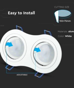 Διπλό σποτ φωτιστικό οροφής, λευκό αλουμίνιο, ρυθμιζόμενο, ευκολία εγκατάστασης, διαστάσεις κοπής 155x75mm.