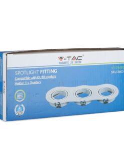 Συσκευασία σποτ φωτιστικού V-TAC GU10, τριπλής θέσης, εξοικονόμηση 80% ενέργειας, 2 χρόνια εγγύηση.