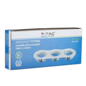 Συσκευασία σποτ φωτιστικού V-TAC GU10, τριπλής θέσης, εξοικονόμηση 80% ενέργειας, 2 χρόνια εγγύηση.