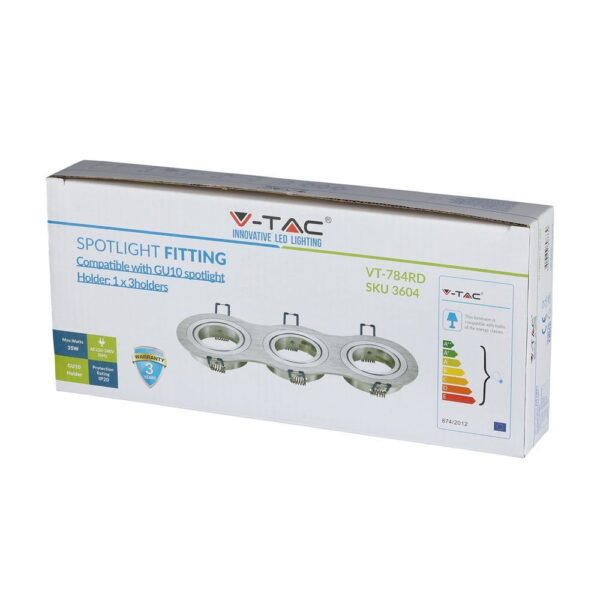 Στεφάνη Spot GU10 VT-784RD V-TAC, θέση για 3 λαμπτήρες, ασημί, ισχύς 35W, προστασία IP20.