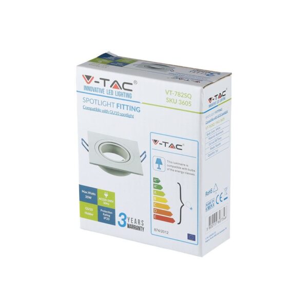 Ενσωματωμένο σποτ GU10 V-TAC 35W, τετράγωνο, IP20, λευκό, για κατασκευές φωτισμού.