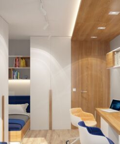 Σύγχρονη σύνθεση γραφείου με ενσωματωμένα ράφια και ντουλάπια αποθήκευσης, ιδανική για μικρούς χώρους.