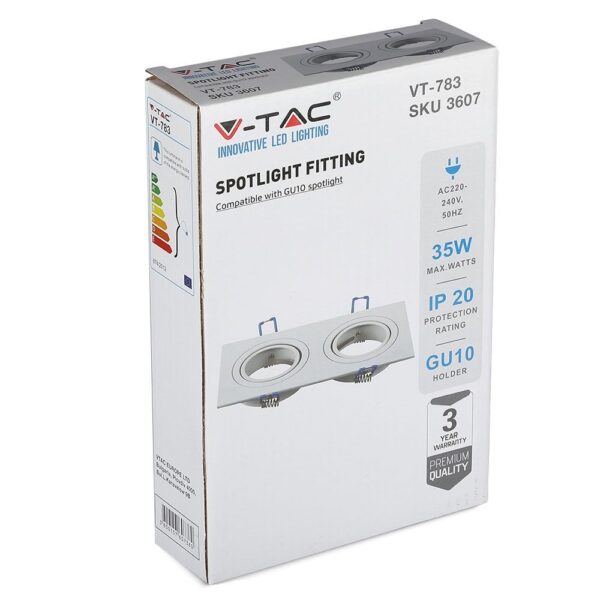 Κουτί σποτ φωτιστικού V-TAC διπλό για GU10 λάμπες, 35W, IP20, 220-240V, τριετής εγγύηση.