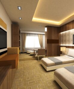 Δωμάτιο ξενοδοχείου με δύο μονά κρεβάτια, ξύλινες λεπτομέρειες και τηλεόραση, ιδανικό για ξεκούραση.