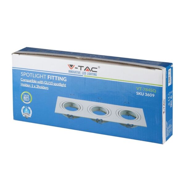 Τριπλή βάση σποτ V-TAC VT-784SQ για GU10, λευκό χρώμα, εξοικονόμηση ενέργειας 80%, εγγύηση 2 χρόνια.