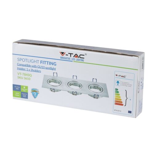 Σποτ οροφής V-TAC GU10, τριπλό, ασημί, με βάση. LED συμβατότητα, προστασία IP20, εγγύηση 3 ετών.
