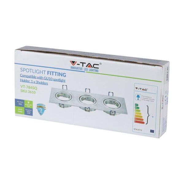 Σποτ οροφής V-TAC GU10, τριπλό, ασημί, με βάση. LED συμβατότητα, προστασία IP20, εγγύηση 3 ετών.