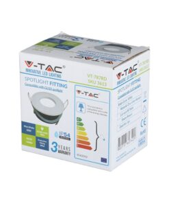 Συσκευασία V-TAC φωτιστικού spot LED, GU10 35W, προστασία IP54, λευκό, στρόγγυλο, εγγύηση 3 χρόνια.