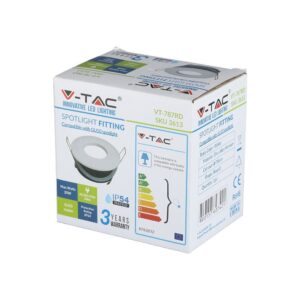 Συσκευασία V-TAC φωτιστικού spot LED, GU10 35W, προστασία IP54, λευκό, στρόγγυλο, εγγύηση 3 χρόνια.