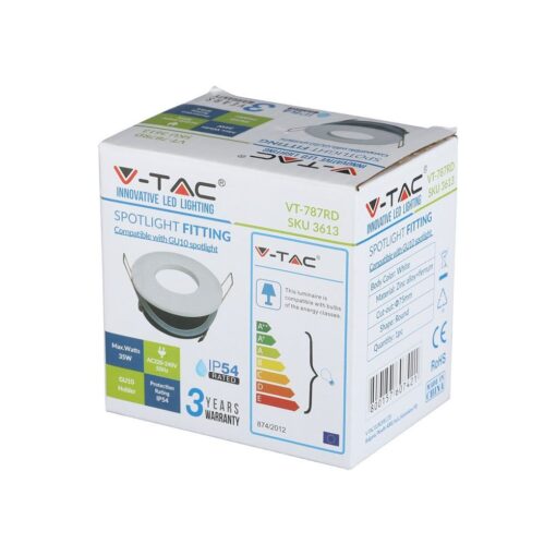 Συσκευασία V-TAC φωτιστικού spot LED, GU10 35W, προστασία IP54, λευκό, στρόγγυλο, εγγύηση 3 χρόνια.