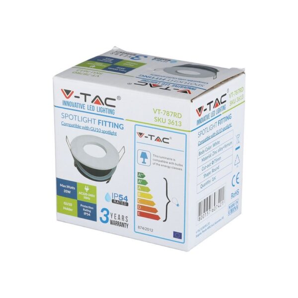 Συσκευασία V-TAC φωτιστικού spot LED, GU10 35W, προστασία IP54, λευκό, στρόγγυλο, εγγύηση 3 χρόνια.