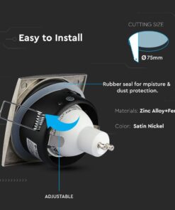 Ρυθμιζόμενο σποτ οροφής, ανοδιωμένη νίκελ επιφάνεια, αντοχή σε σκόνη και υγρασία, διάμετρος κοπής 75mm.