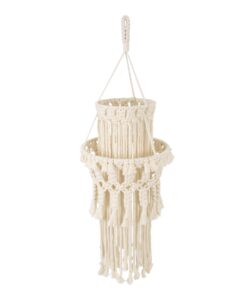 GloboStar® 36200 ETHIOPIA Καπέλο Φωτιστικού Boho – Μακραμέ Πλεκτό Χειροποίητο Μπεζ Υφασμάτινο με Σχοινί Φ30 x Υ90cm