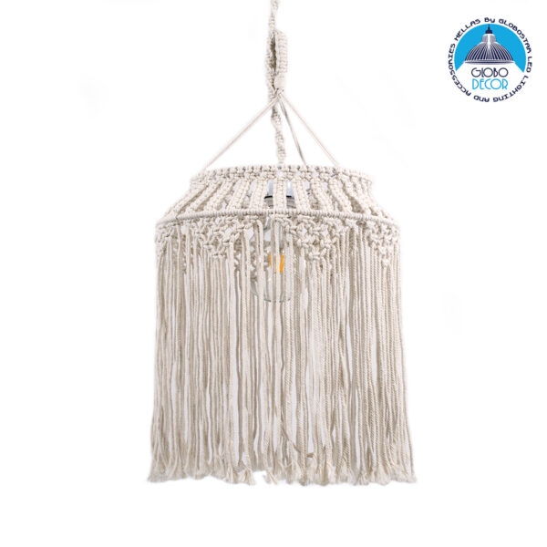 GloboStar® ALGERIA 36202 Boho - Μακραμέ - Macrame Κρεμαστό Φωτιστικό Οροφής Μονόφωτο 1 x E27 Πλεκτό Χειροποίητο Μπεζ Υφασμάτινο με Σχοινί Φ40 x Υ50cm