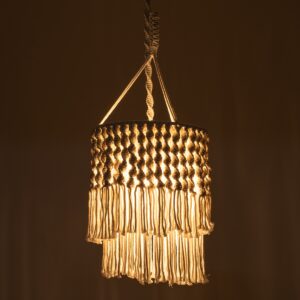 GloboStar® ALGERIA 36204 Boho – Μακραμέ – Macrame Κρεμαστό Φωτιστικό Οροφής Μονόφωτο 1 x E27 Πλεκτό Χειροποίητο Μπεζ Υφασμάτινο με Σχοινί Φ30 x Υ40cm