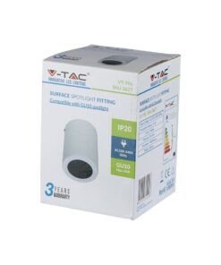 Συσκευασία προβολέα επιφάνειας GU10 35W V-TAC, IP20, λευκός, 3 χρόνια εγγύηση.
