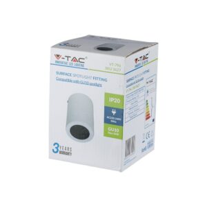 Συσκευασία προβολέα επιφάνειας GU10 35W V-TAC, IP20, λευκός, 3 χρόνια εγγύηση.