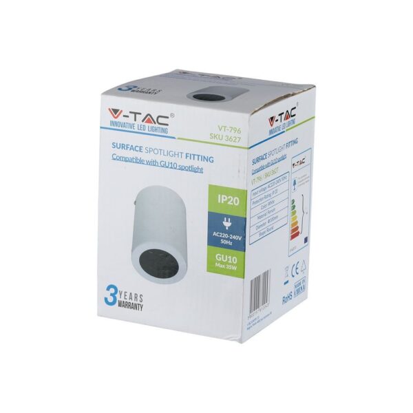 Συσκευασία προβολέα επιφάνειας GU10 35W V-TAC, IP20, λευκός, 3 χρόνια εγγύηση.