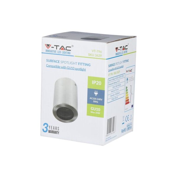 Σποτ οροφής V-TAC GU10, μέγ. 35W, προστασία IP20, λευκή απόχρωση, 3 χρόνια εγγύηση.