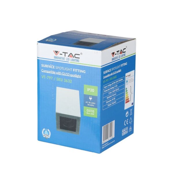 Συσκευασία φωτιστικού επιφάνειας V-TAC VT-797 για GU10, τετραγωνή μορφή, σατινέ νίκελ, IP20, μέγιστη ισχύς 35W.