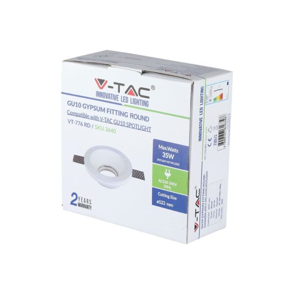 Στρογγυλή υποδοχή γύψου GU10 V-TAC 35W, διάμετρος κοπής 123mm, συμβατή με σποτ GU10.