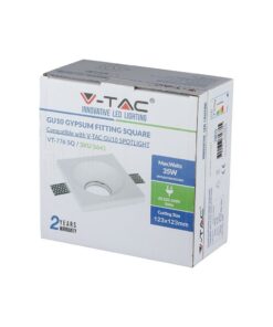Τετράγωνο στήριγμα γύψου GU10 V-TAC για φωτιστικά, μέγιστη ισχύς 35W, μέγεθος κοπής 123x123mm.
