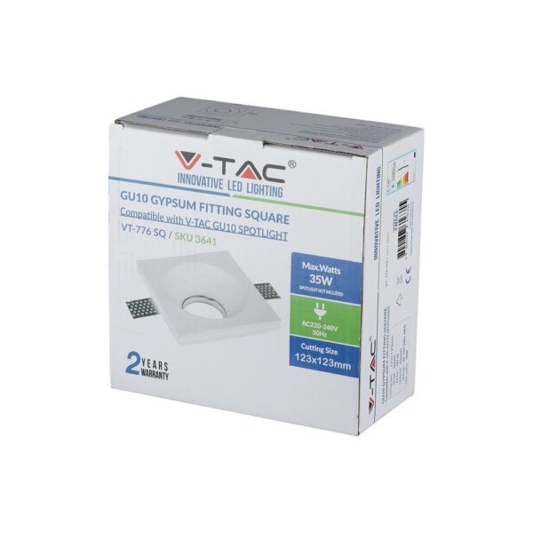 Τετράγωνο στήριγμα γύψου GU10 V-TAC για φωτιστικά, μέγιστη ισχύς 35W, μέγεθος κοπής 123x123mm.