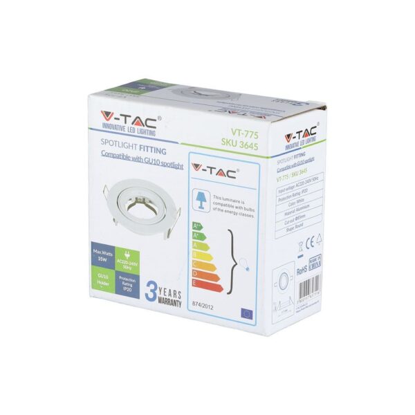 Βάση Σποτ GU10 – MR16 V-TAC Χωνευτή Στρογγυλή Λευκό – 3645