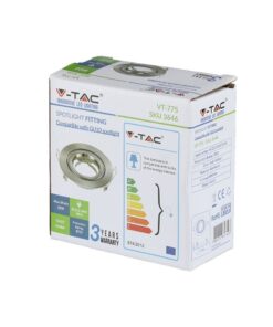 Συσκευασία V-TAC VT-775 ντουί GU10 για σποτ, μέγιστη ισχύς 35W, χρώμα νίκελ, προστασία IP20.