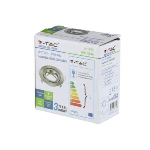 Συσκευασία V-TAC VT-775 ντουί GU10 για σποτ, μέγιστη ισχύς 35W, χρώμα νίκελ, προστασία IP20.