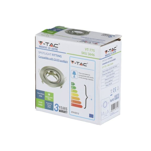 Συσκευασία V-TAC VT-775 ντουί GU10 για σποτ, μέγιστη ισχύς 35W, χρώμα νίκελ, προστασία IP20.