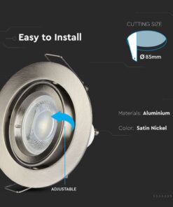 Ρυθμιζόμενος σποτ φωτισμός οροφής αλουμινίου σε σατινέ νικέλ, διάμετρος κοπής 85mm. Εύκολη εγκατάσταση.