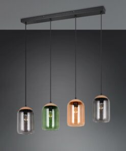 Κρεμαστό Φωτιστικό Ράγα με Μελί-Πράσινο-Φιμέ Γυαλί & Φελό CORK 4x E27 Trio Lighting – 364600417