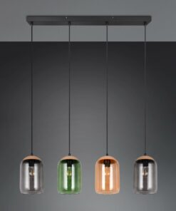 Κρεμαστό Φωτιστικό Ράγα με Μελί-Πράσινο-Φιμέ Γυαλί & Φελό CORK 4x E27 Trio Lighting – 364600417
