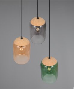 Κρεμαστό Φωτιστικό Ροζέτα με Μελί-Πράσινο-Φιμέ Γυαλί & Φελό CORK 3x E27 Trio Lighting – 364630317