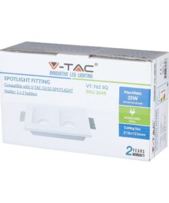 Συσκευασία βάσης σποτ V-TAC VT-762 SQ, λευκή, για λαμπτήρες GU10, μέγ. ισχύς 35W, διαστάσεις κοπής 218x123mm.