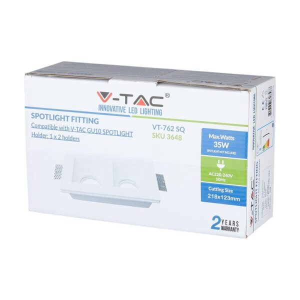 Συσκευασία βάσης σποτ V-TAC VT-762 SQ, λευκή, για λαμπτήρες GU10, μέγ. ισχύς 35W, διαστάσεις κοπής 218x123mm.