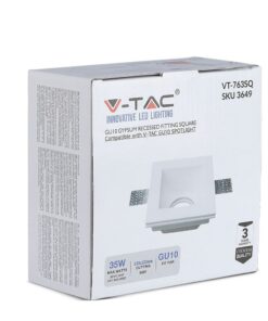 Συσκευασία φωτιστικού LED γύψινου χωνευτού GU10, 35W, τετράγωνο. Συμβατό με προβολείς V-TAC.