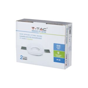Στρογγυλή βάση γύψου GU10 V-TAC, 35W, IP20, συμβατή με σποτ GU10. Διέξοδος 220-240V, 50/60Hz, 2 έτη εγγύηση.