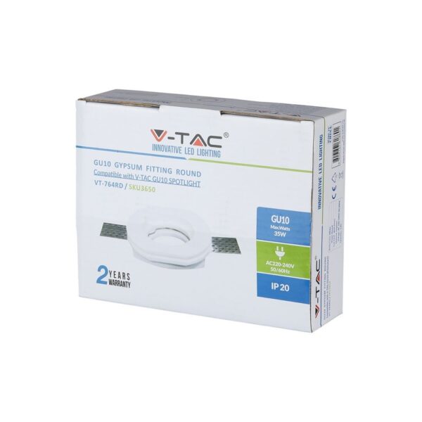Στρογγυλή βάση γύψου GU10 V-TAC, 35W, IP20, συμβατή με σποτ GU10. Διέξοδος 220-240V, 50/60Hz, 2 έτη εγγύηση.